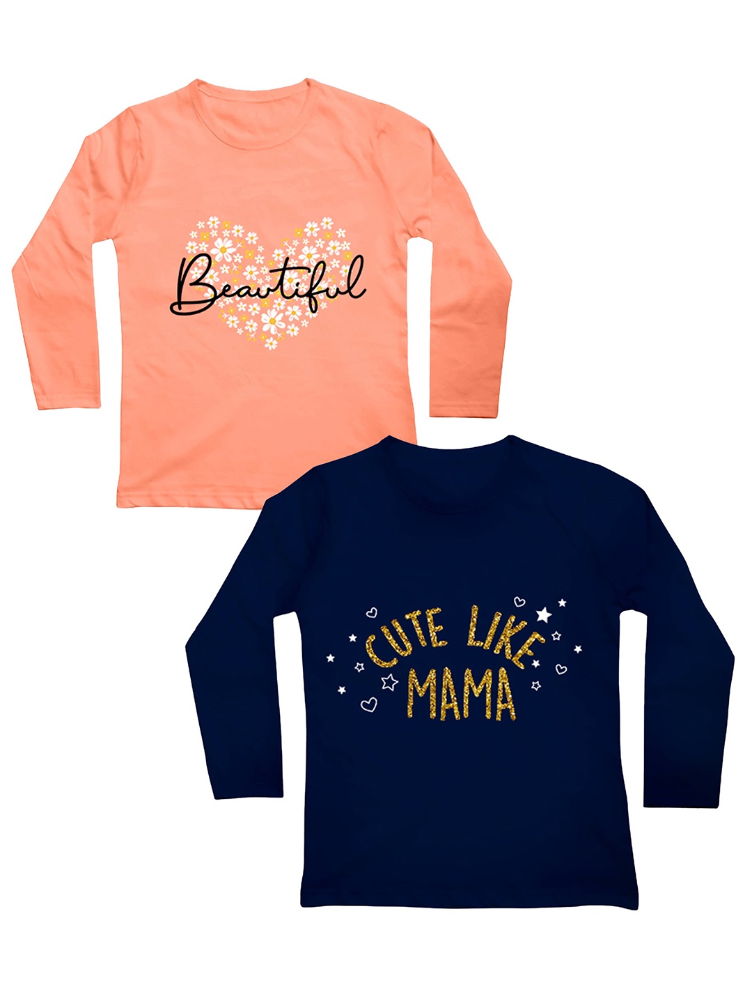 

Mojua Girls Pack Of 2 Typography Printed Long Sleeves Cotton T-shirt, Peach