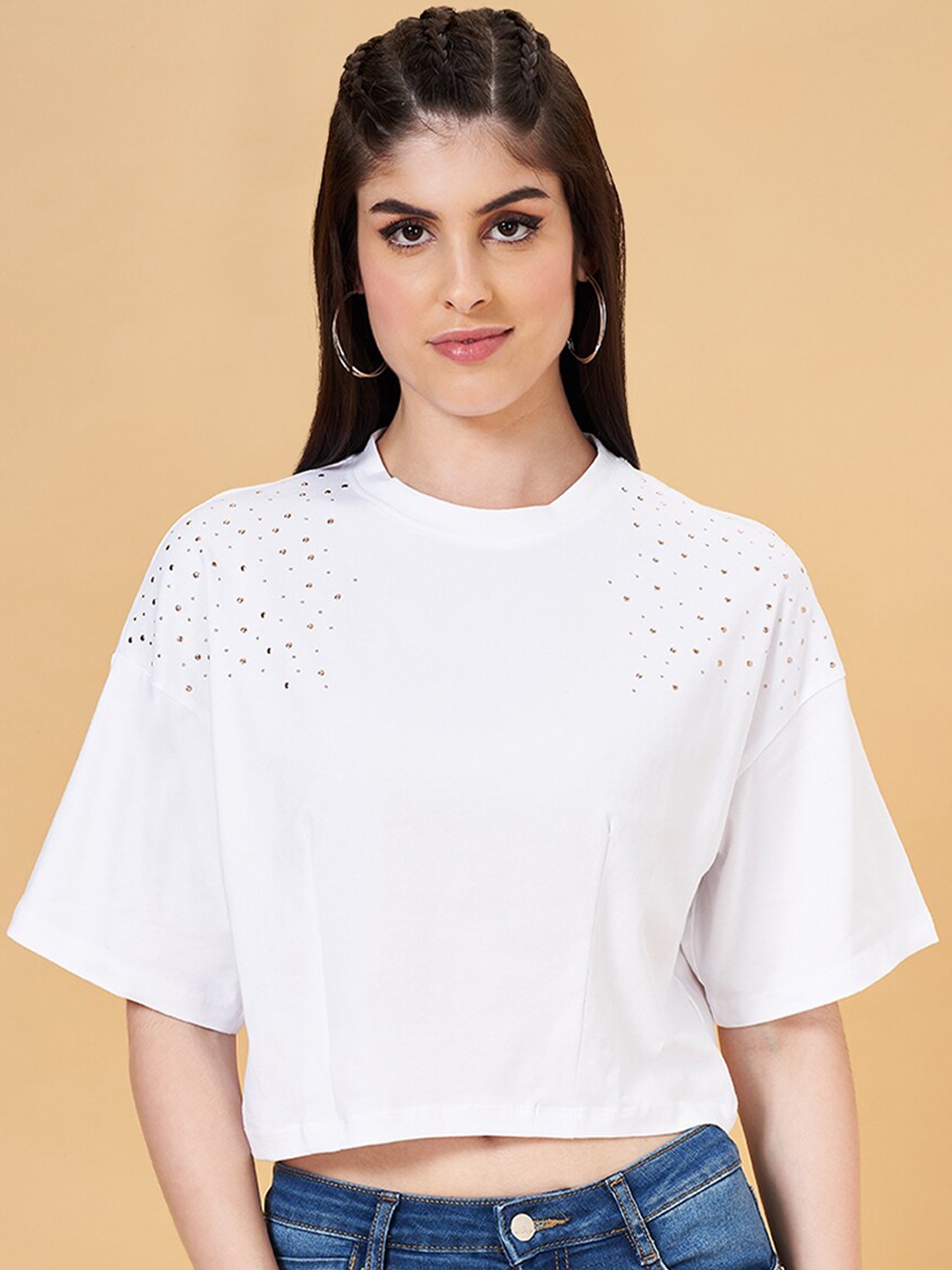 

SF JEANS by Pantaloons Drop-Shoulder Sleeves Embellished Detail Cropped T-shirt, White