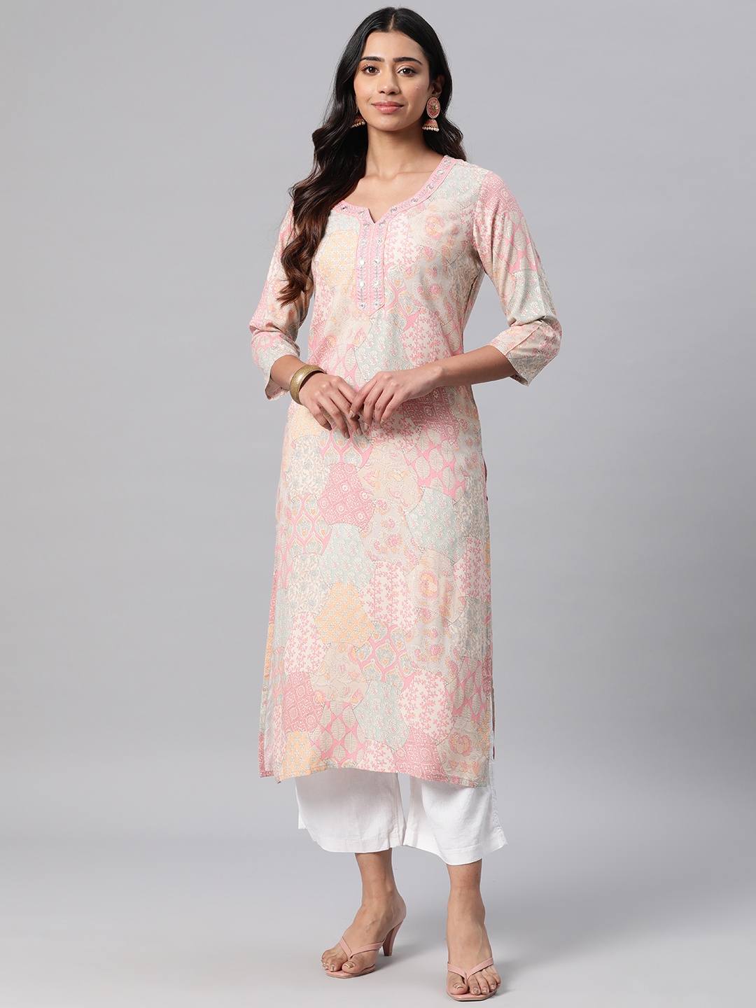 

Readiprint Fashions Women Floral Printed Mirror Work Kurta, Pink