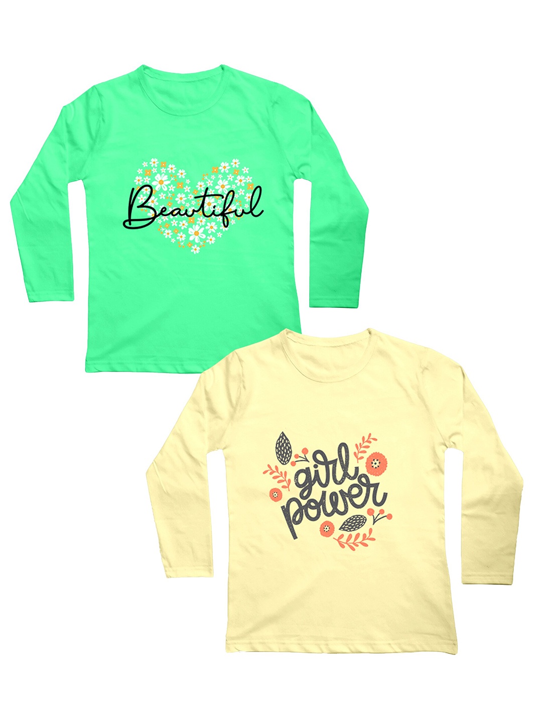 

Mojua Girls Green & Yellow Floral 2 Printed Pure Cotton Bio Finish T-shirt