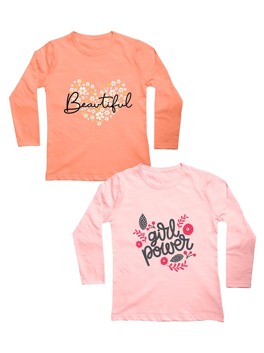 

Mojua Girls Peach-Coloured & Pink Floral 2 Printed Pure Cotton Bio Finish T-shirt