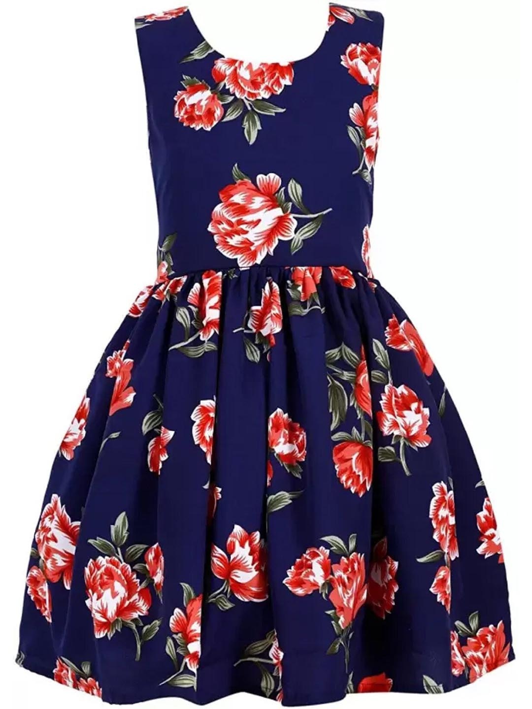 

BAESD Girls Floral Printed Crepe Fit & Flare Dress, Navy blue