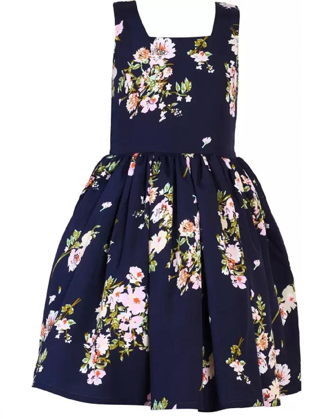 

BAESD Girls Floral Printed Crepe Fit & Flare Dress, Navy blue