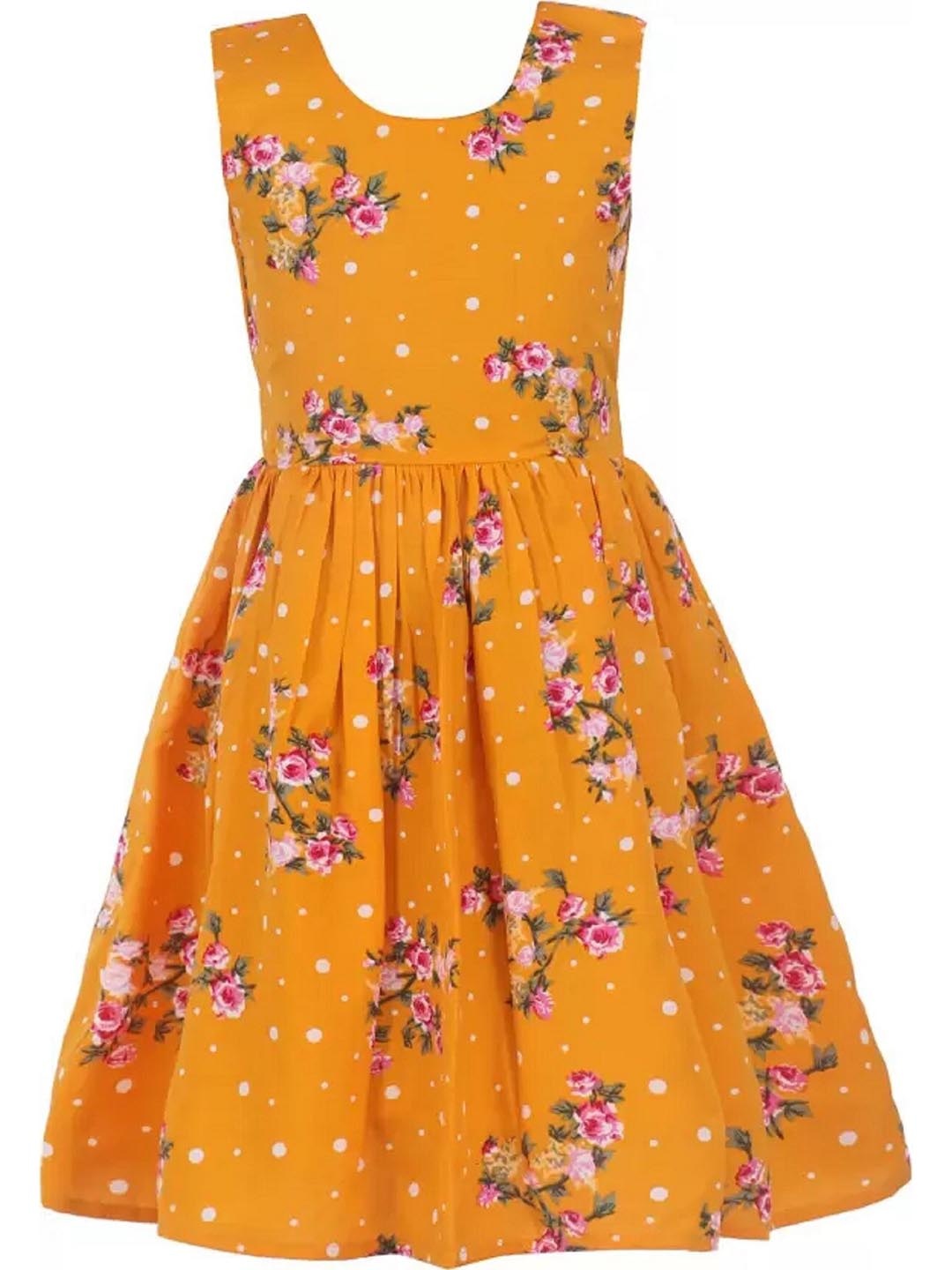 

BAESD Girls Floral Printed Sleeveless Tie Up Crepe Fit & Flare Dress, Yellow