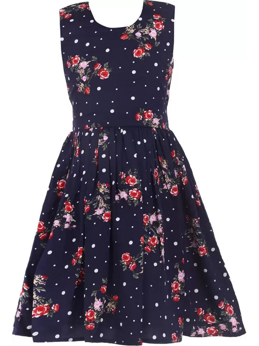 

BAESD Girls Floral Printed Crepe Fit & Flare Dress, Navy blue