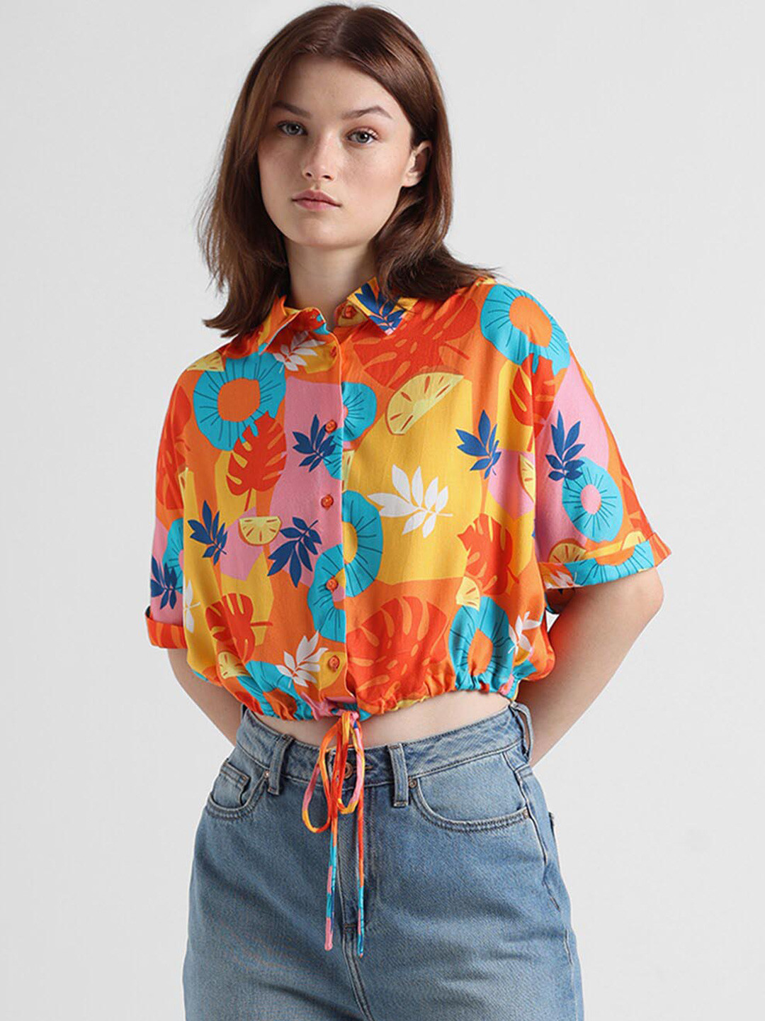 

ONLY Slim Fit Tropical Printed Casual Twill Crop Shirt, Yellow