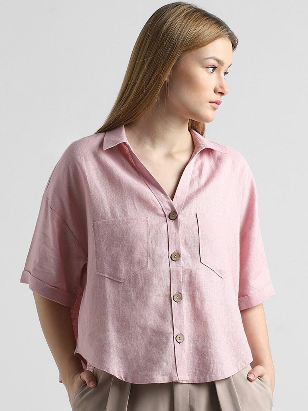 

ONLY Spread Collar Casual Shirt, Pink