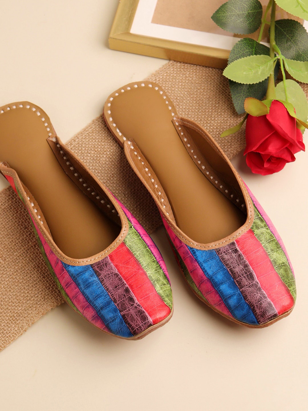 

NR By Nidhi Rathi Women Multicoloured Striped Mojaris Flats, Multi