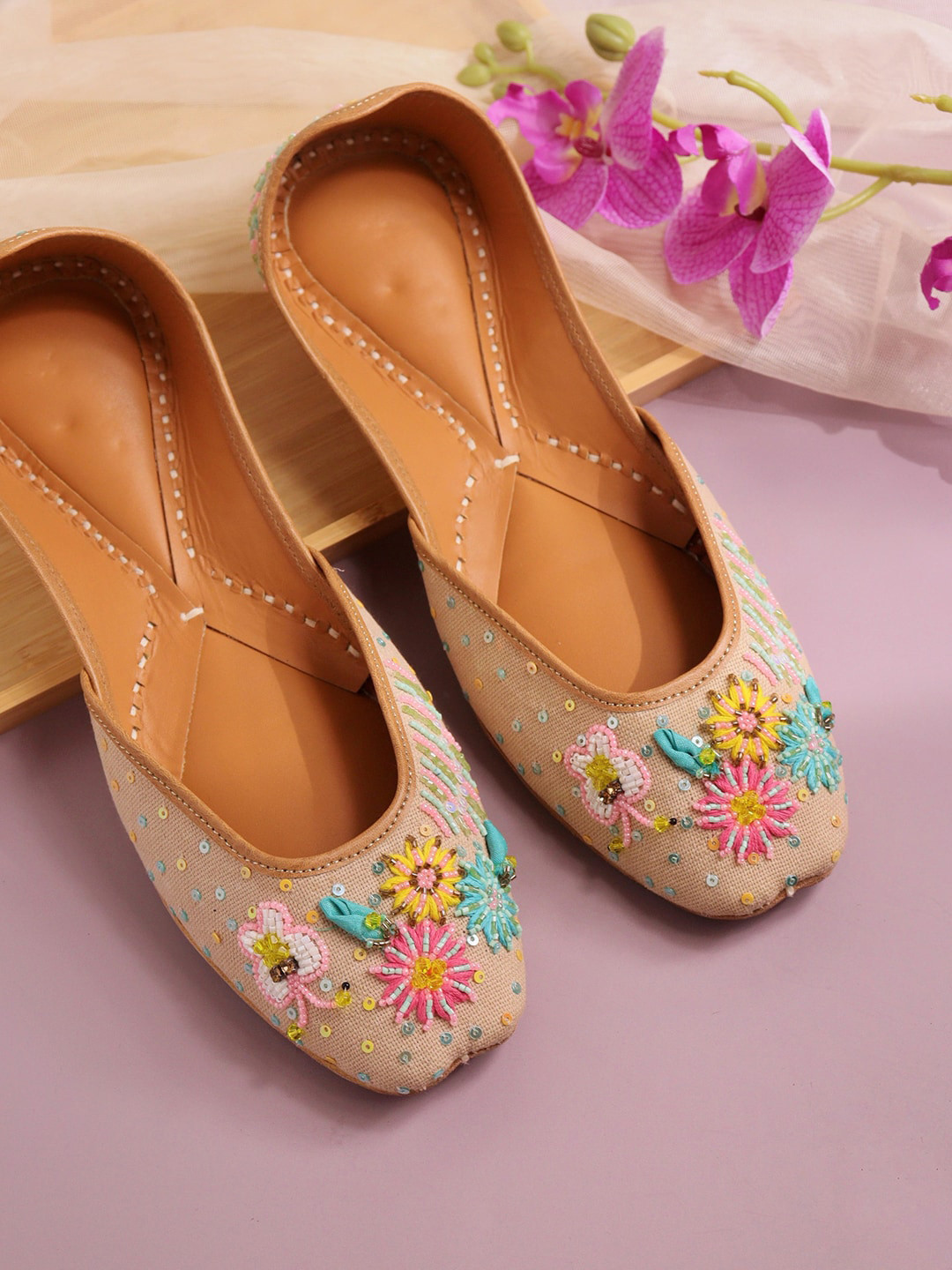 

NR By Nidhi Rathi Ethnic Embroidered Mojaris Flats, Beige