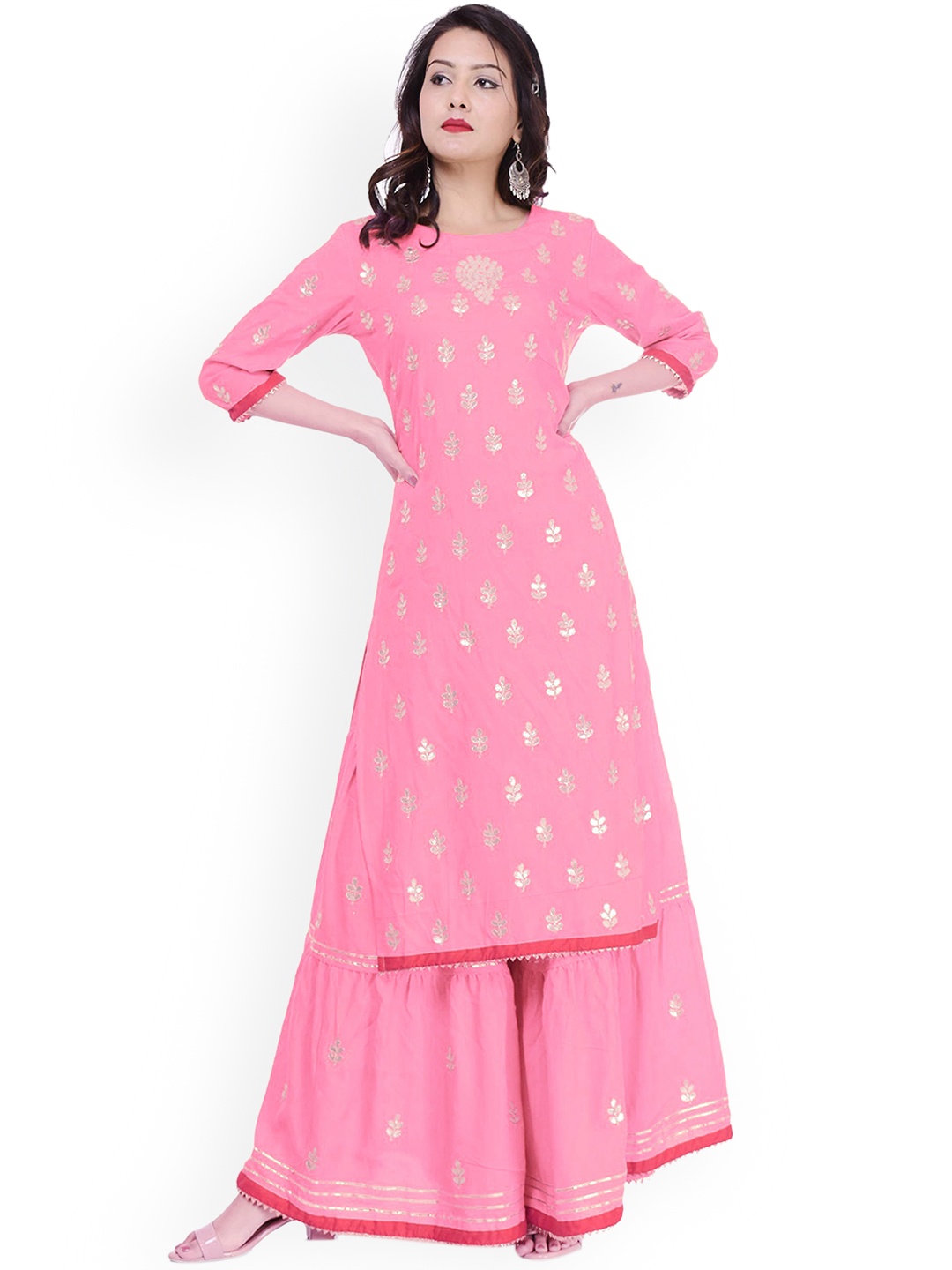 

Arayna Ethnic Motifs Embroidered Straight Kurta with Skirt, Pink