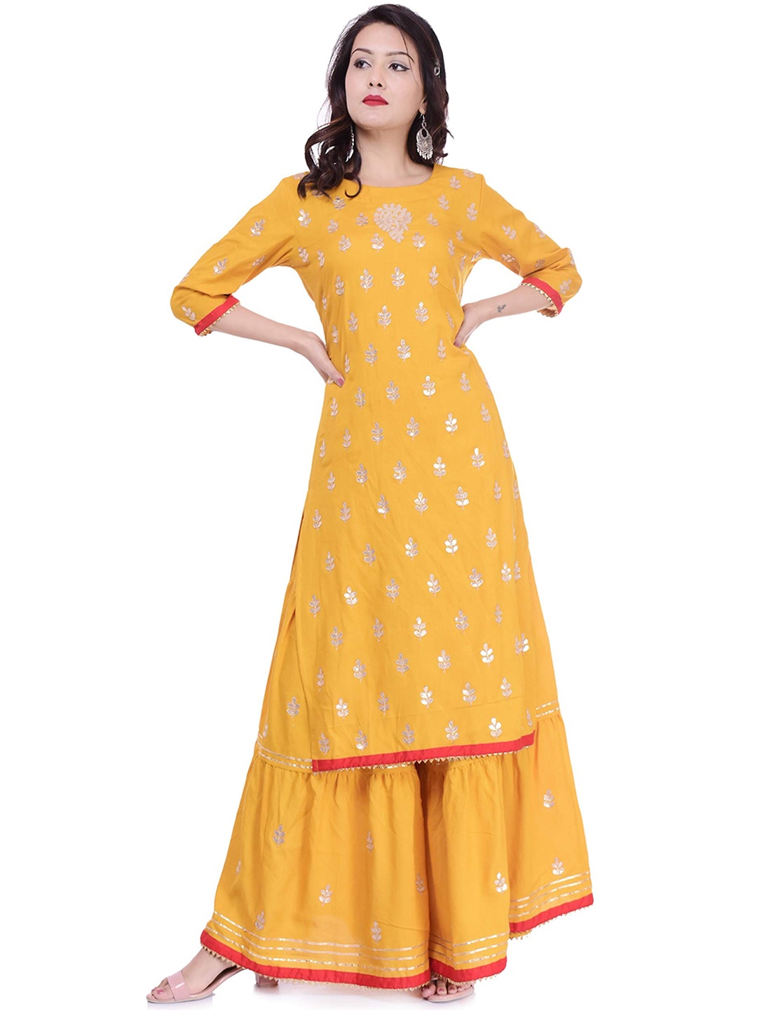 

Arayna Floral Embroidered Sequined Straight Kurta With Sharara, Yellow