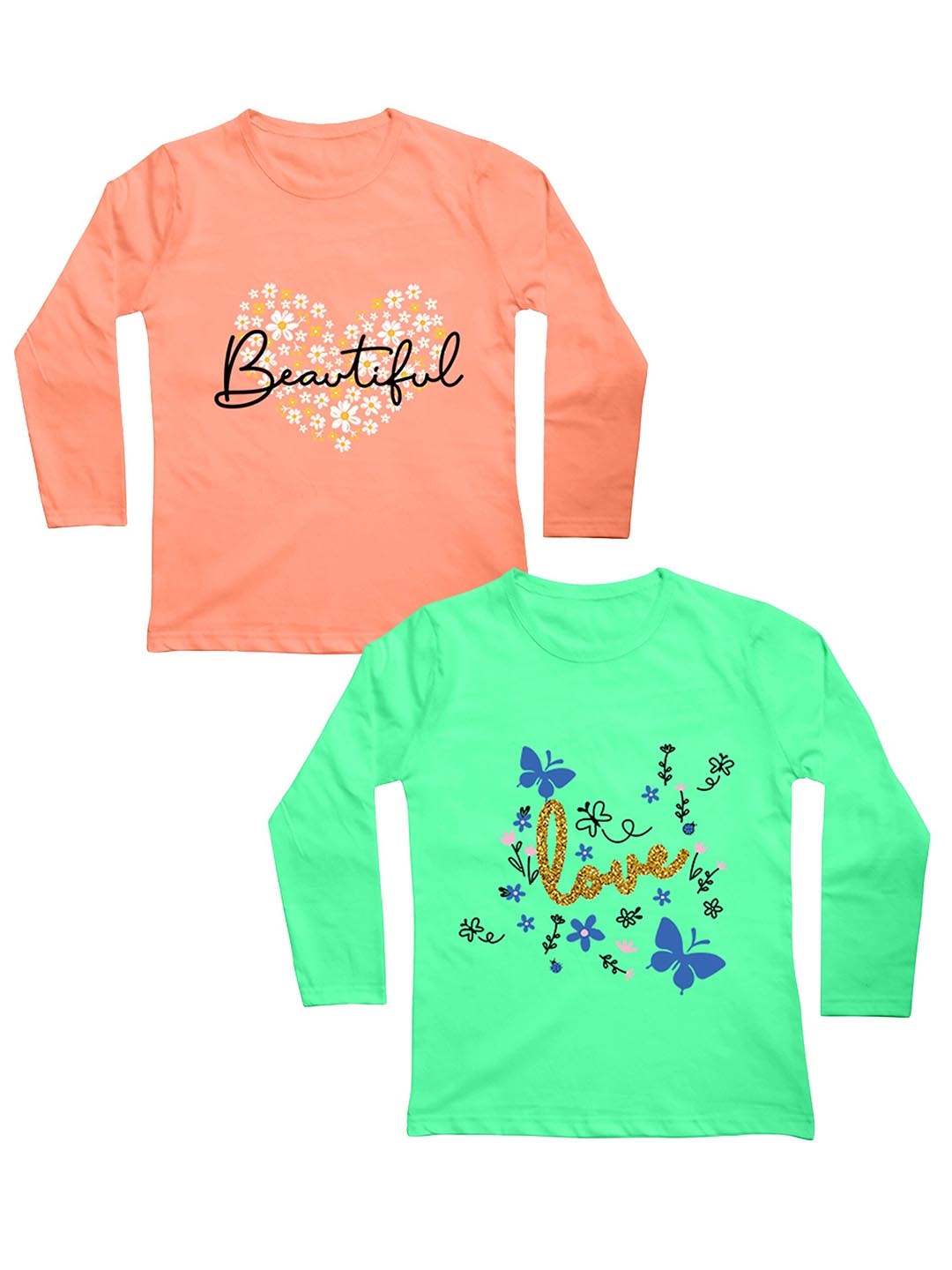 

Mojua Girls Pack Of 2 Typography Printed Bio Finish Cotton T-shirt, Peach