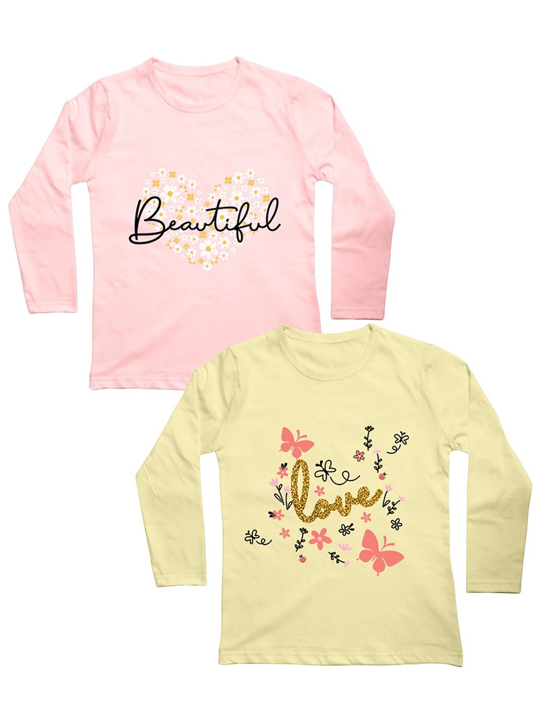 

Mojua Girls Pack of 2 Floral Printed Bio Finish Cotton T-shirt, Pink