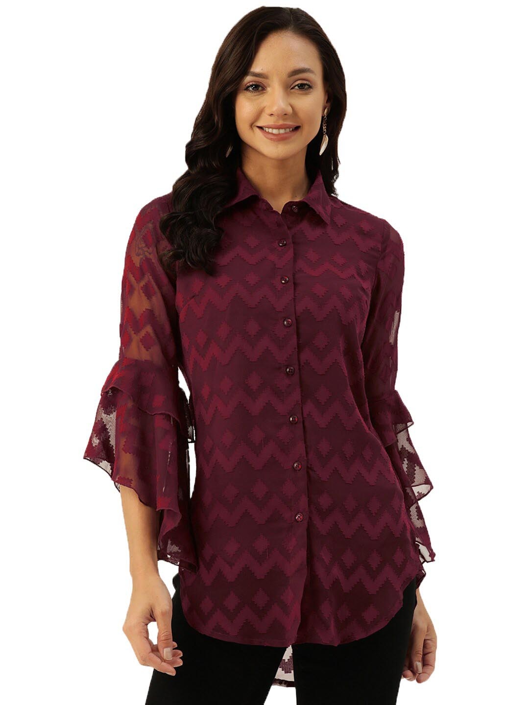 

DressBerry Maroon Self Designed Shirt Collar Tunic