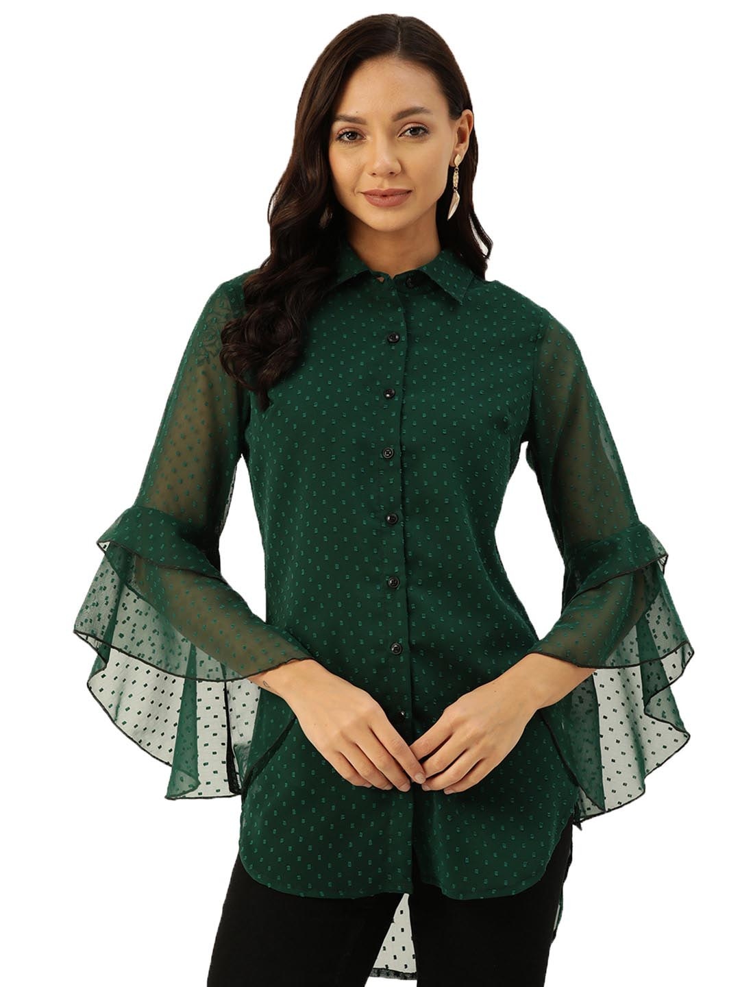 

DressBerry Green Self Design Shirt Collar Tunic