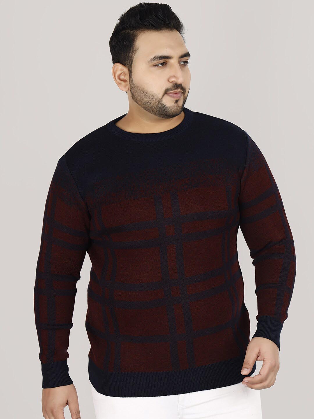 

Sztori Plus Size Checked Round Neck Acrylic Pullover Sweater, Navy blue