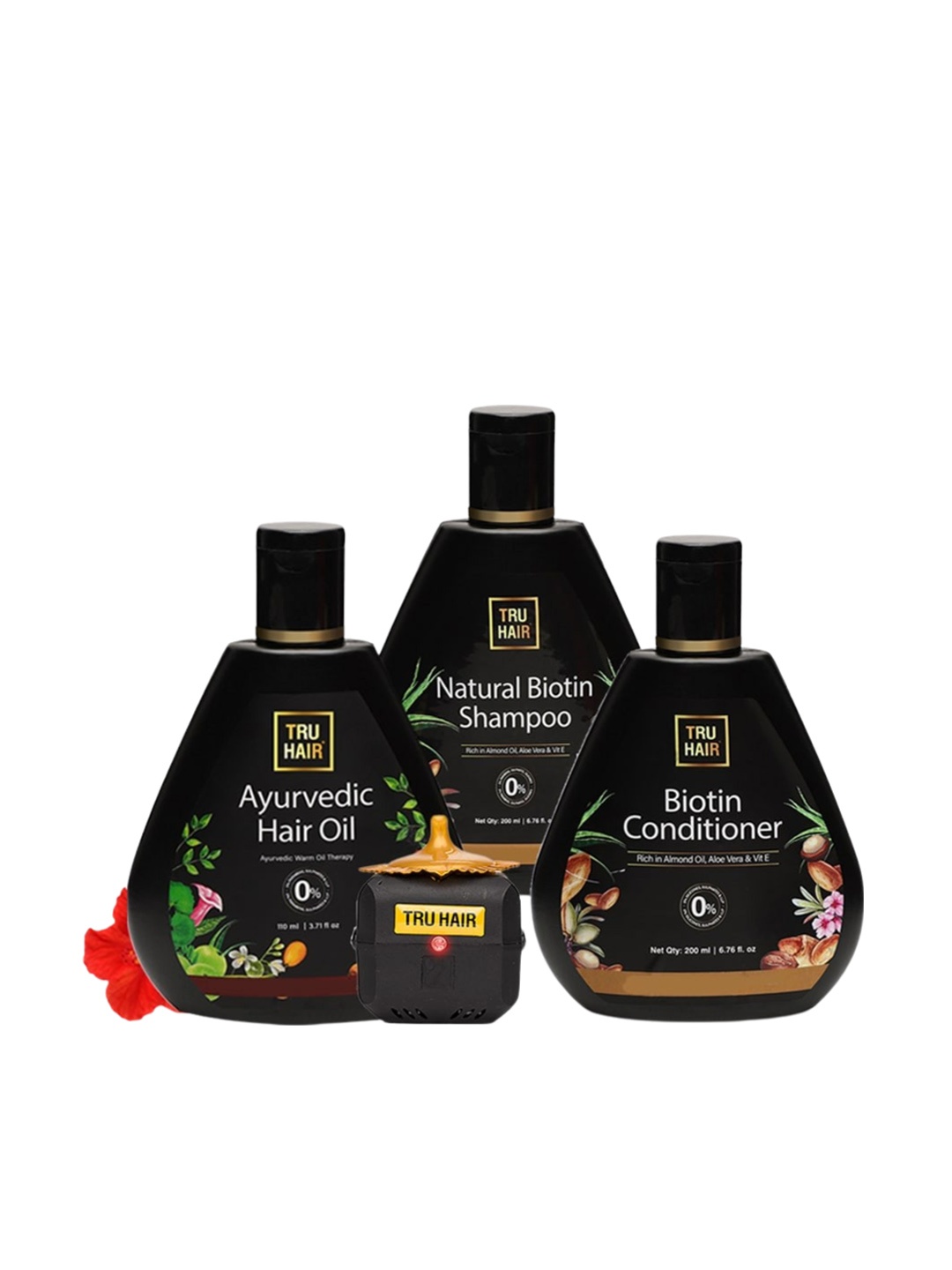 

TRU HAIR 3Pcs Ayurvedic Hair Oil With Heater-Biotin Shampoo & Conditioner Combo, Black