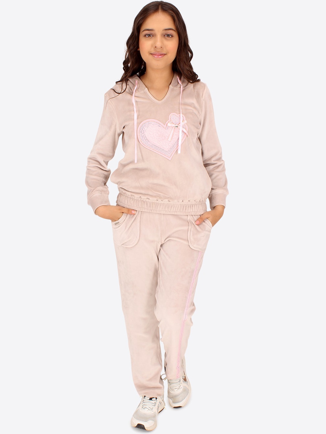 

CUTECUMBER Girls Self Design Hooded Tracksuit, Beige