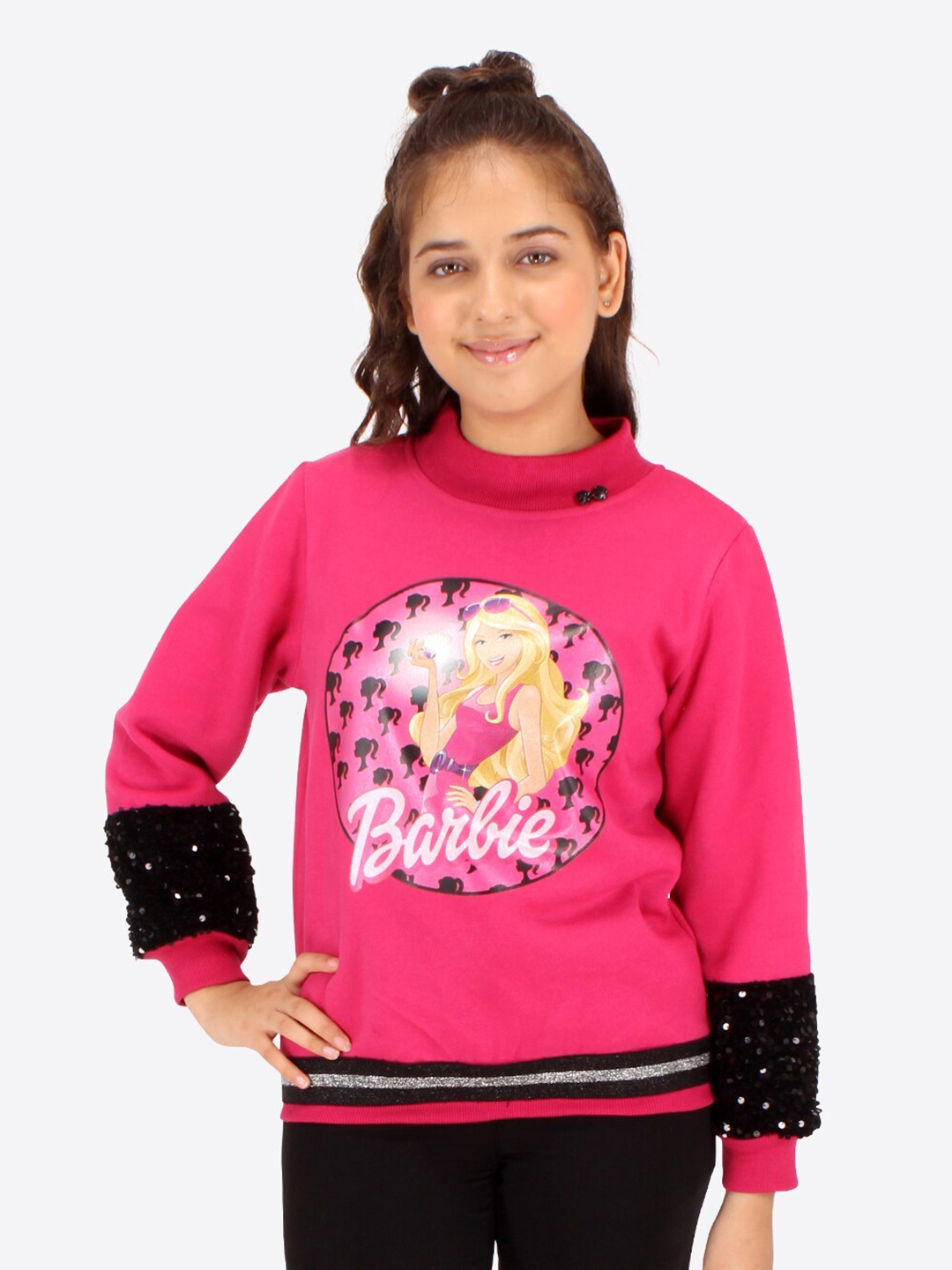 

CUTECUMBER Girls Barbie Printed Embellished Fleece Pullover Sweatshirt, Pink