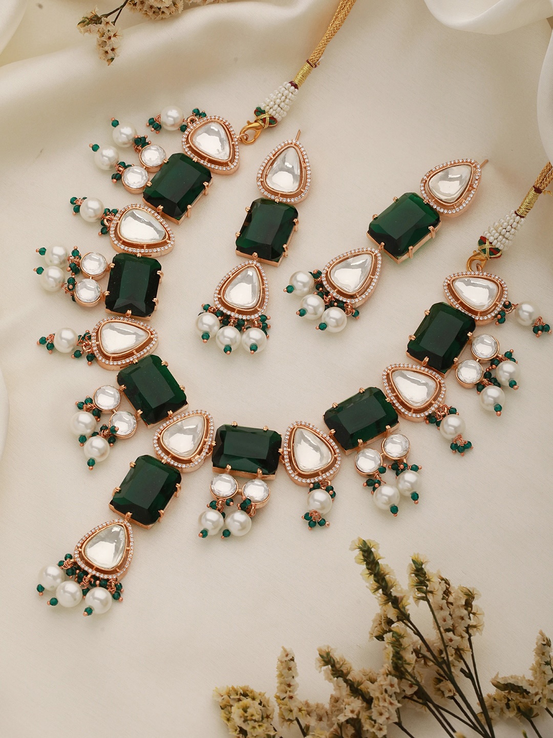 

Saraf RS Jewellery Gold-Plated Emerald & AD-Stones Studded & Pearl Beaded Jewellery Set