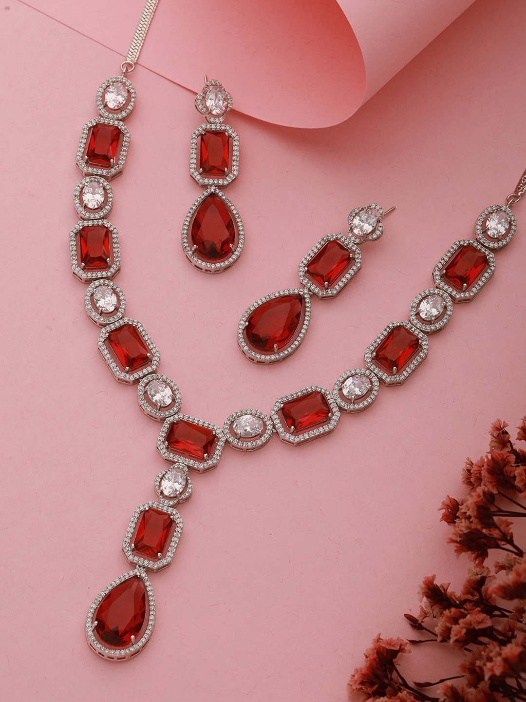 

Saraf RS Jewellery Silver-Plated Ruby & AD-Stones Studded Jewellery Set