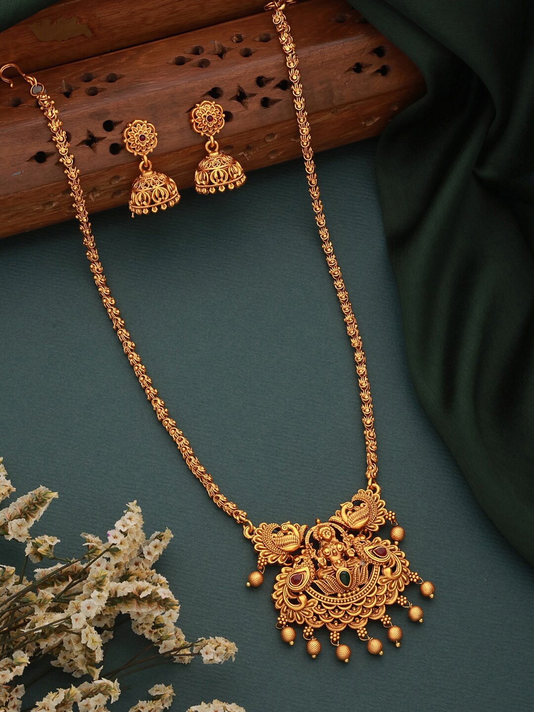 

Saraf RS Jewellery Gold-Plated AD-Stones Studded Lakshmi Ji Temple Jewellery Set