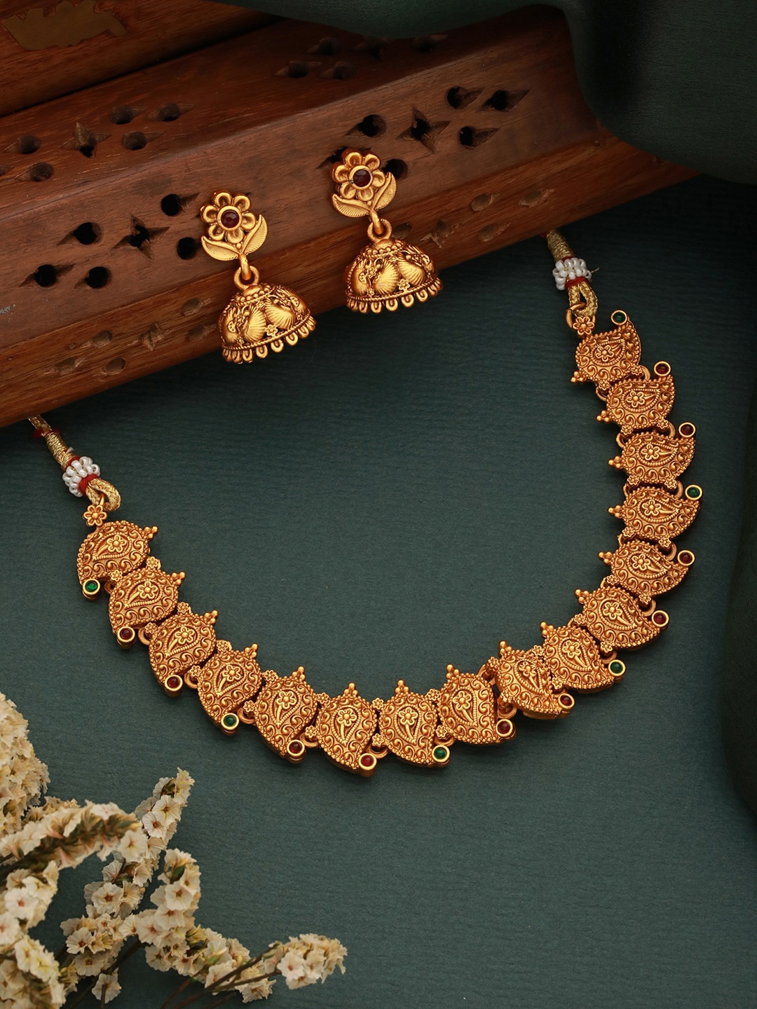 

Saraf RS Jewellery Gold-Plated AD-Stones Studded Floral Temple Jewellery Set