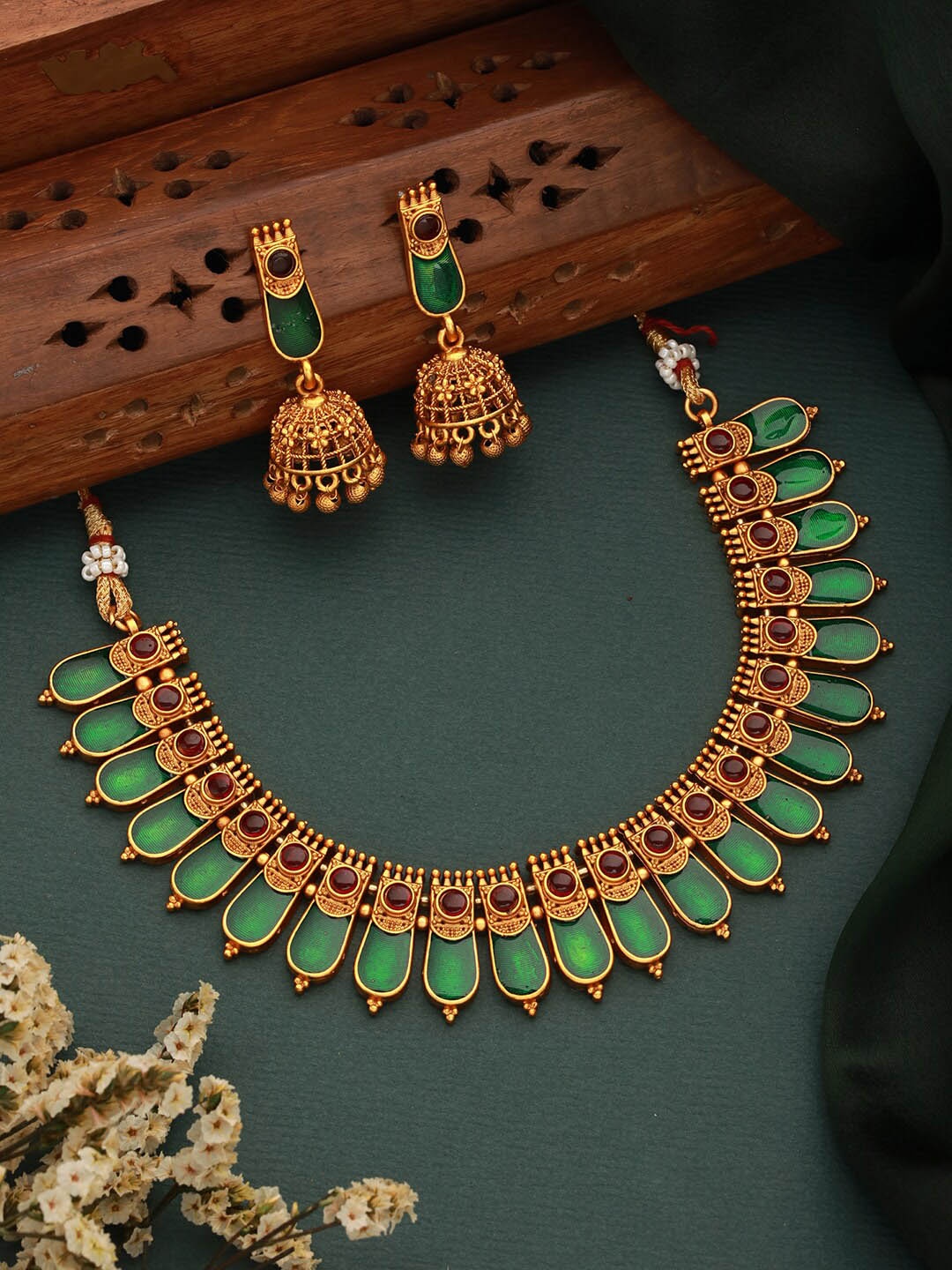 

Saraf RS Jewellery Gold-Plated Stones Studded Nagapadam Temple Necklace & jhumkas