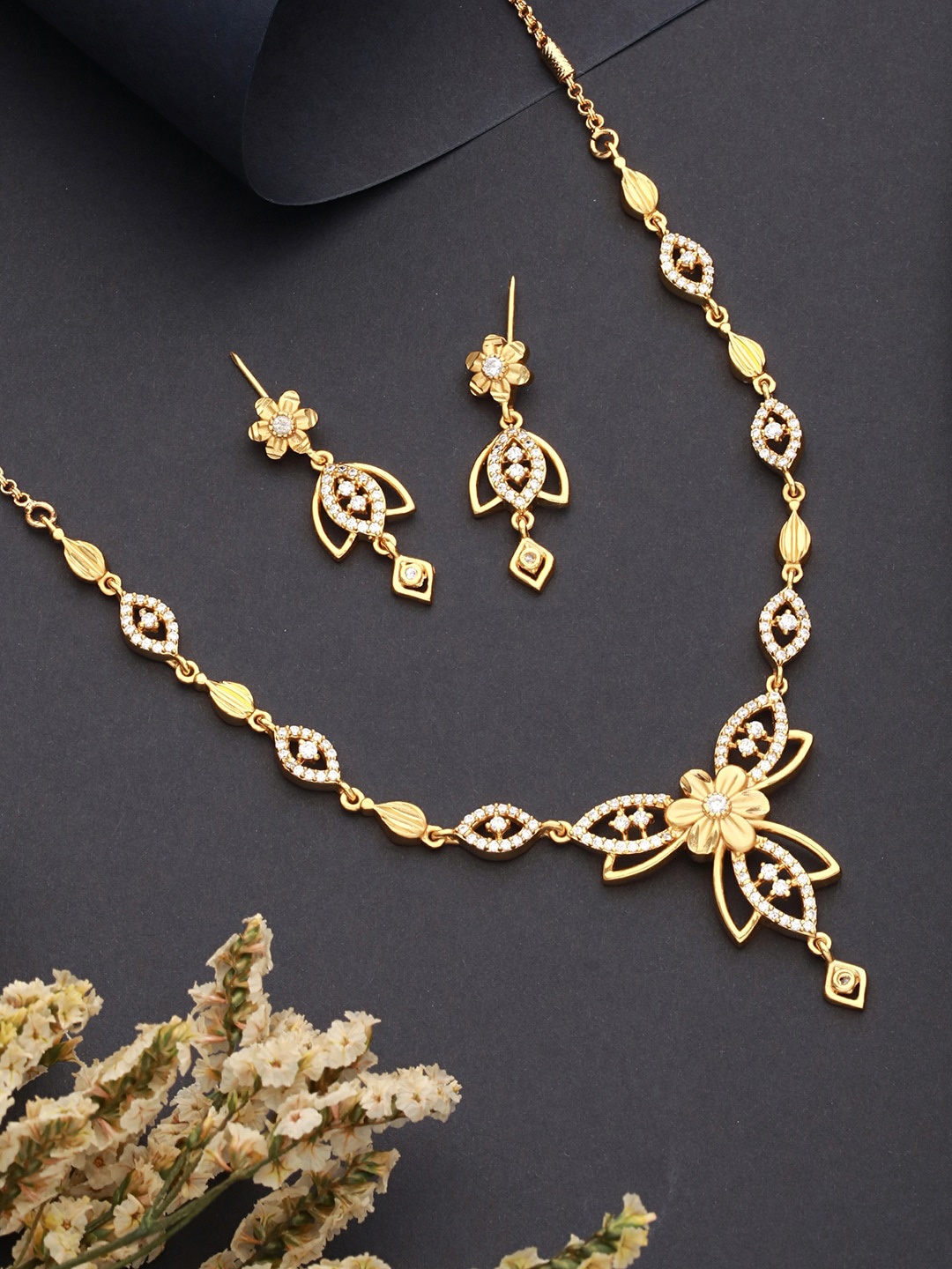 

Saraf RS Jewellery Gold-Plated CZ-Stones Studded Floral Minimal Necklace & Earrings