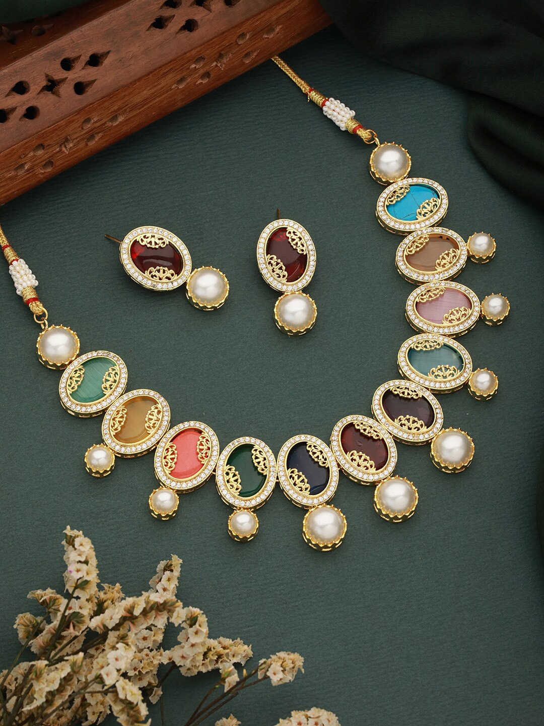 

Saraf RS Jewellery Gold-Plated Navratna Kundan-Stones Studded & Pearl Beaded Jewellery Set