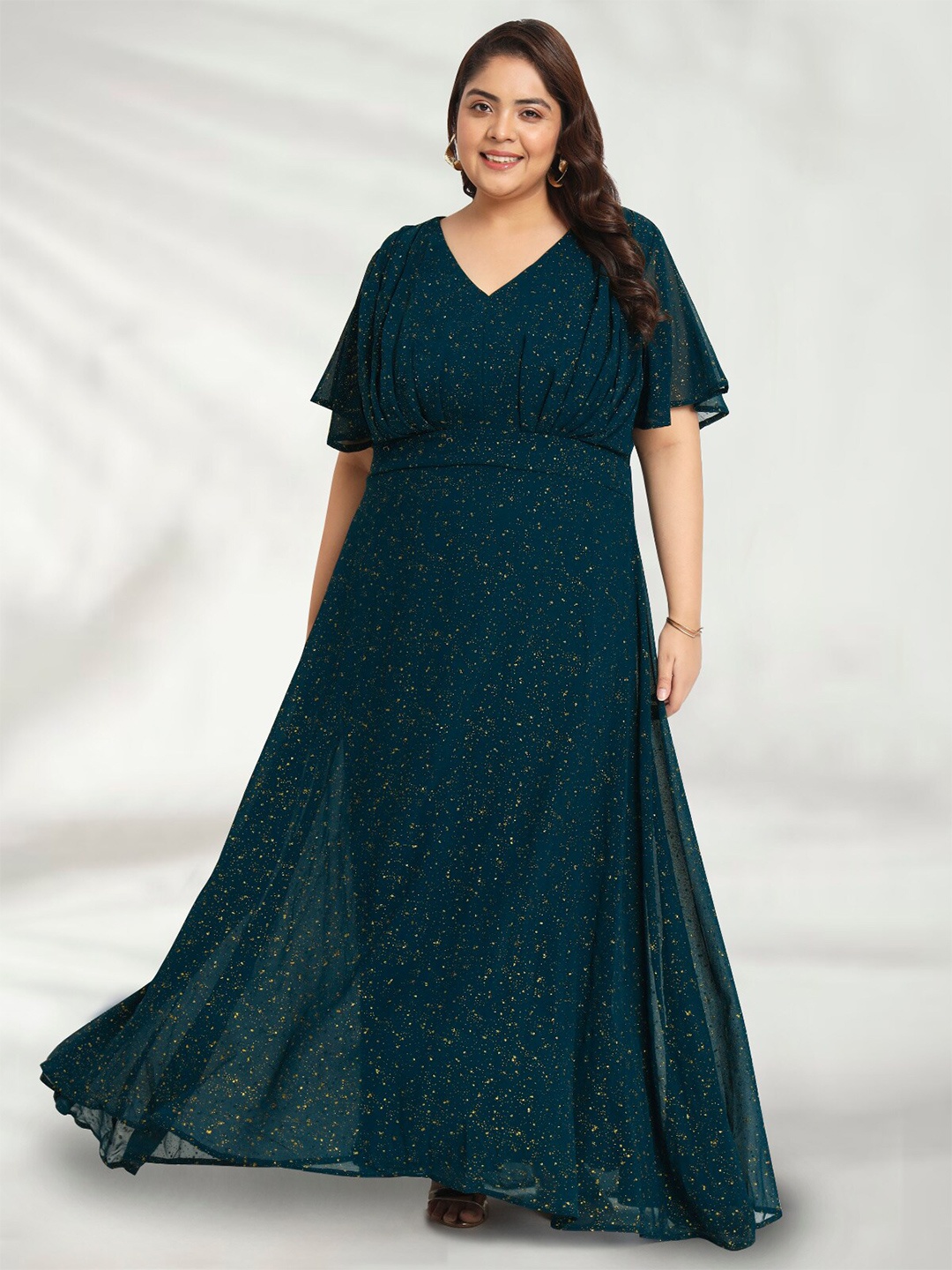 

wild U Embellished Flutter Sleeve Georgette Maxi Dress, Green