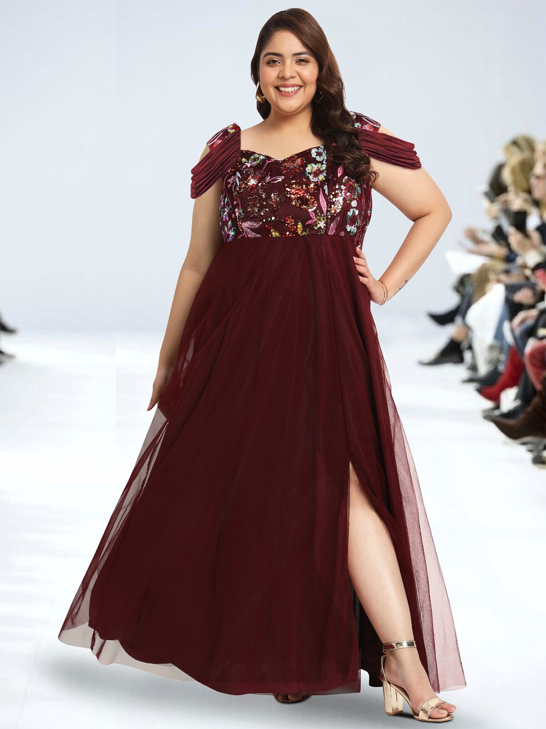 

wild U Plus Size Floral Embroidered Sequinned Net Gown Dress, Maroon