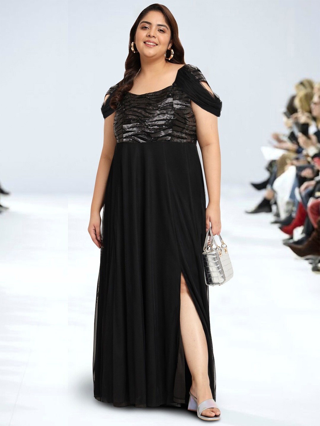 

wild U Plus Size Embellished Square Neck Flutter Sleeves Sequinned Maxi Dress, Black