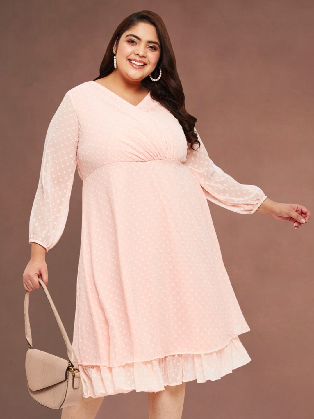 

wild U Cuffed Sleeve Ruffled Chiffon A-line Midi Dress, Peach