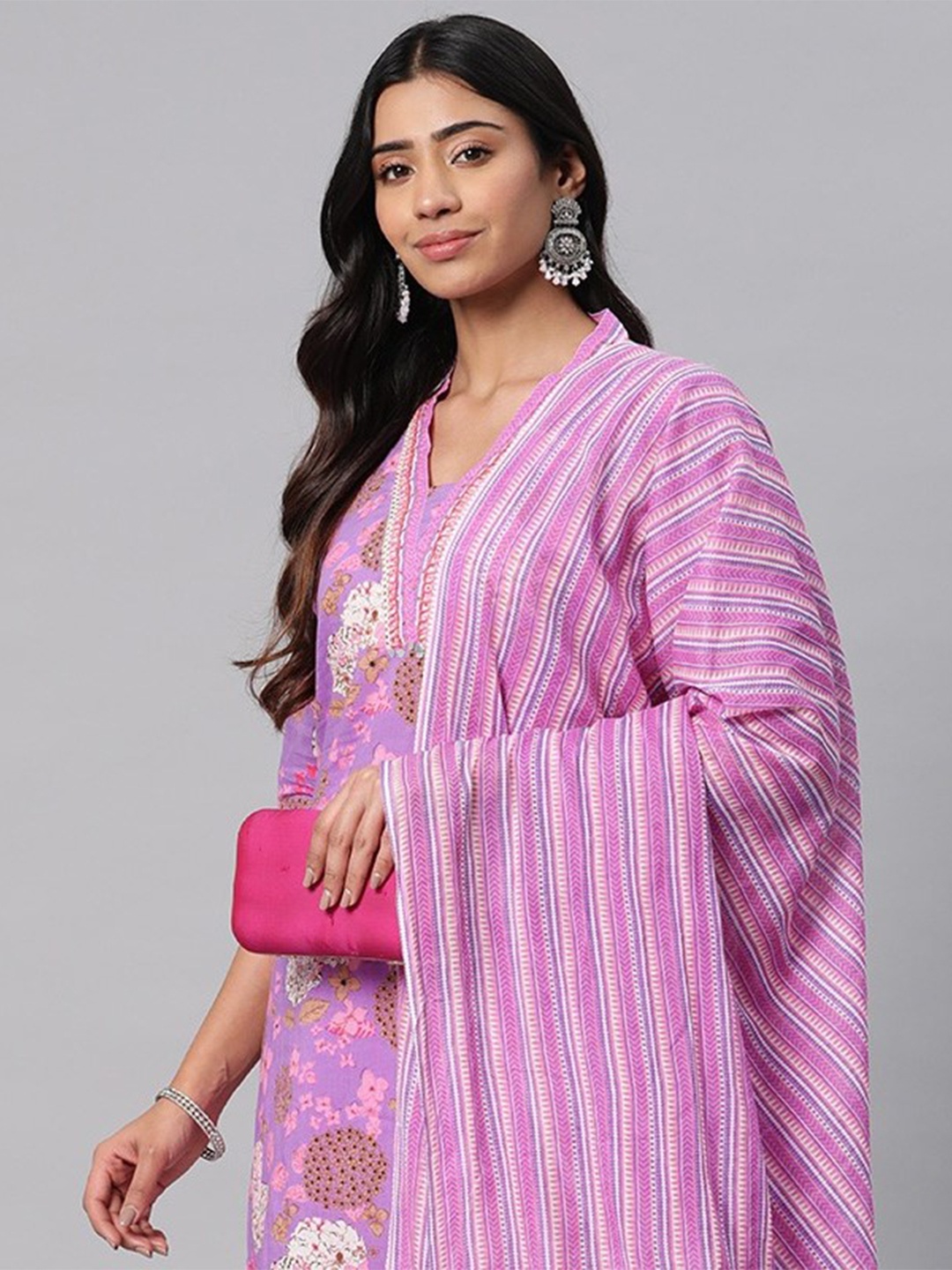 

Readiprint Women Purple Floral Printed Regular Pure Cotton Kurta with Trousers & With Dupatta