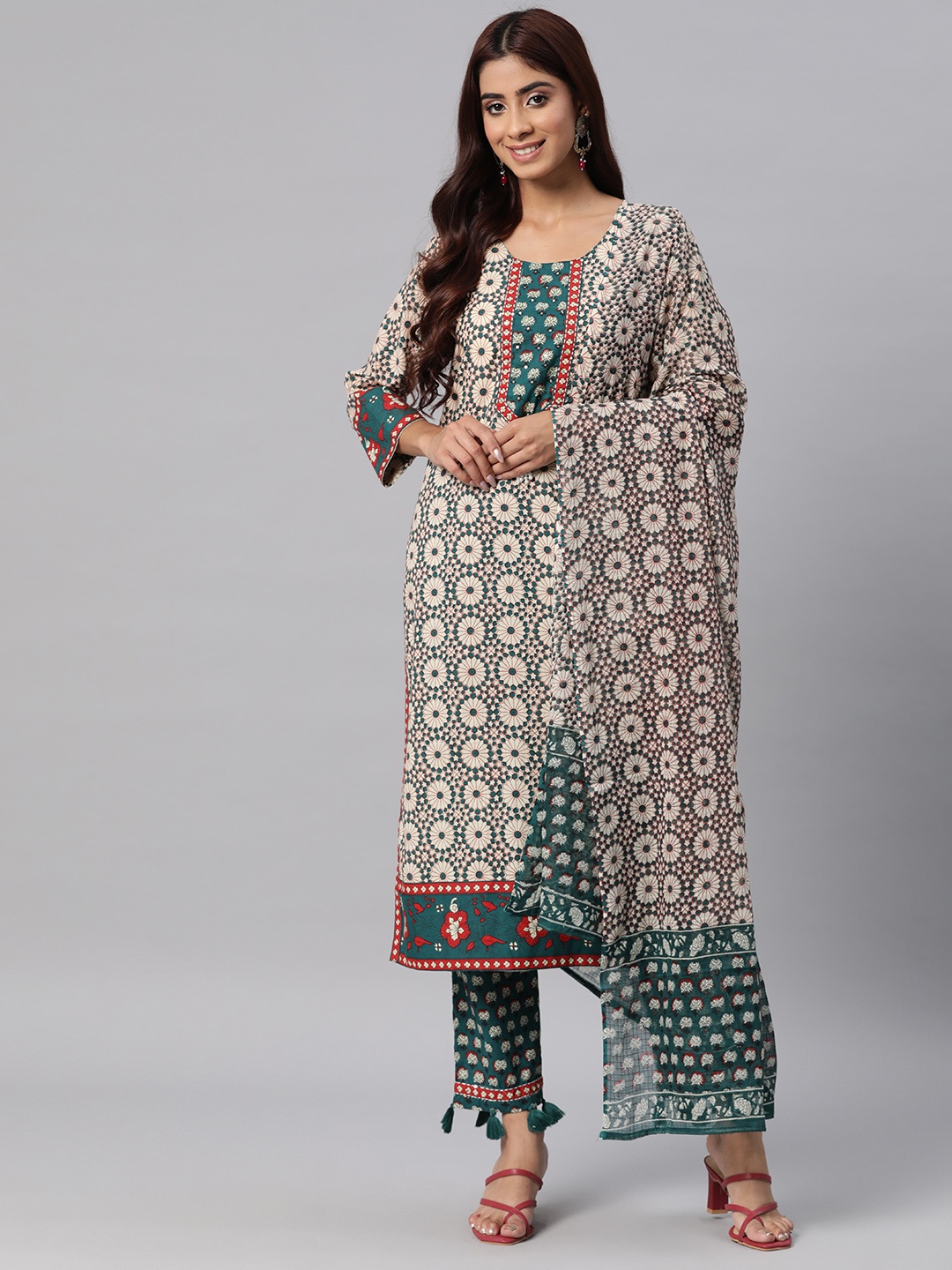 Readiprint Ethnic Motifs Printed Sequinned Cotton Kurta with Trousers & Dupatta, Teal