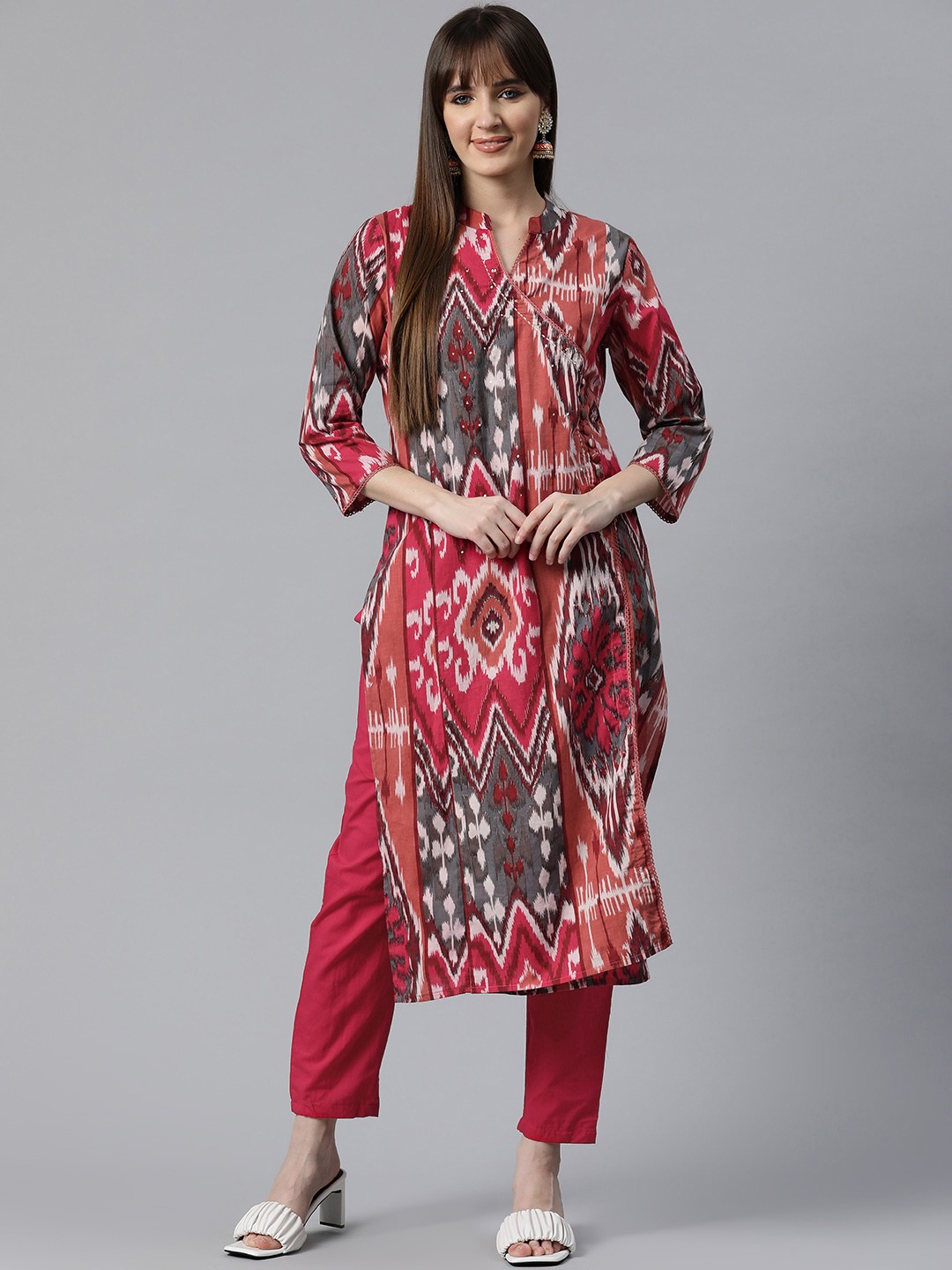 

Readiprint Women Printed Angrakha Sequinned Pure Cotton Kurta with Trousers, Pink