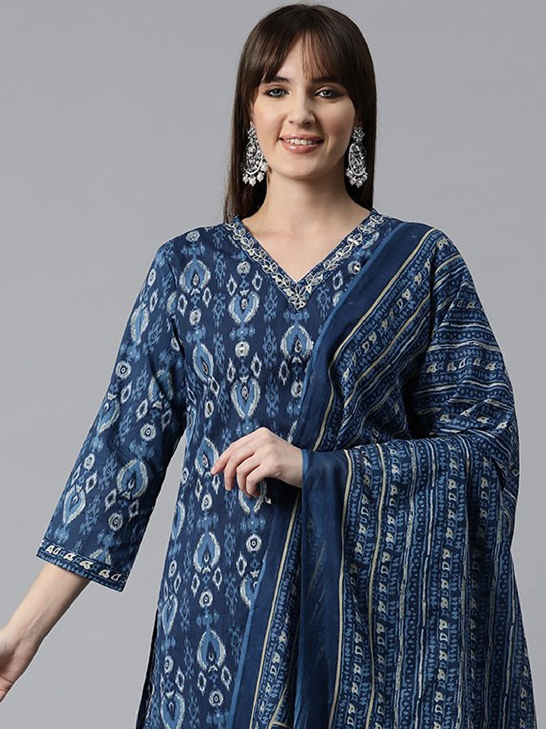 Readiprint Women Ethnic Motifs Printed Mirror Work Cotton Kurta with Dupatta, Navy blue