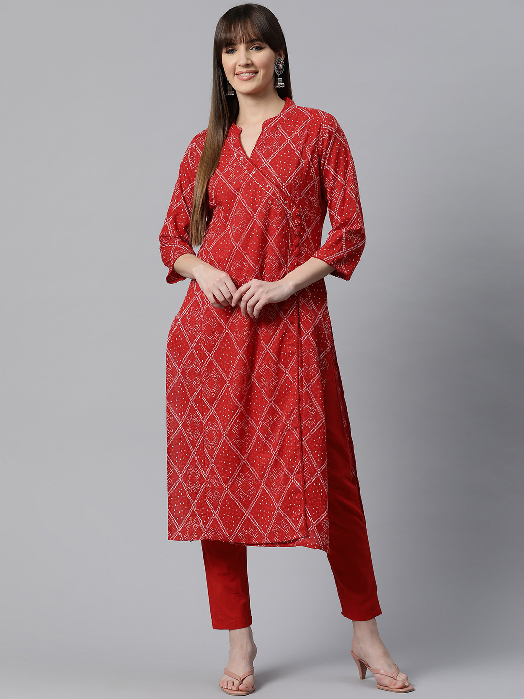 

Readiprint Fashions Women Bandhani Printed Angrakha Pure Cotton Kurta with Trousers, Red