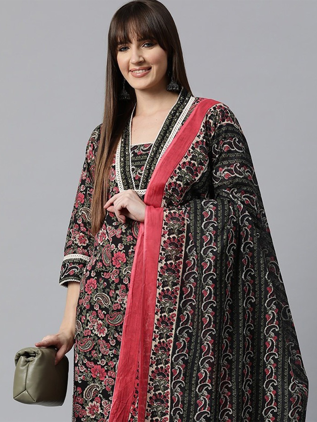

Readiprint Women Floral Printed Sequinned Cotton Kurta with Trousers & Dupatta, Black