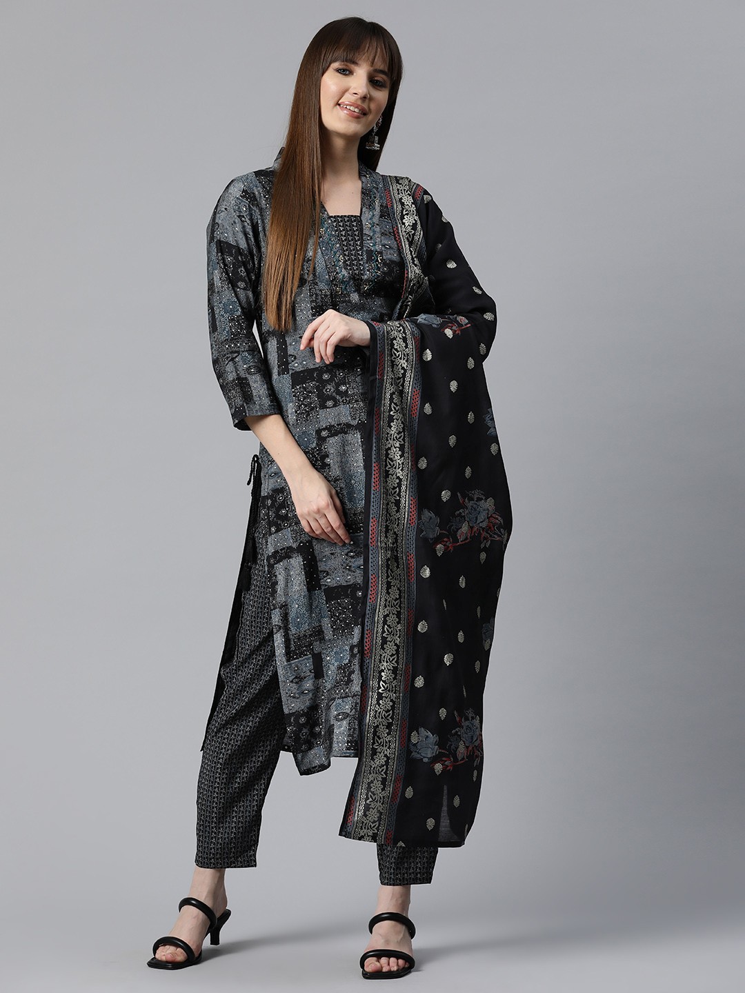 

Readiprint Women Printed Regular Sequinned Silk Kurta with Trousers & Dupatta, Black