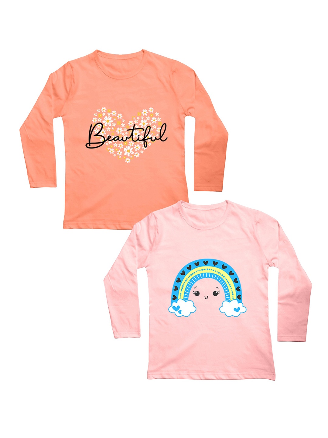

Mojua Girls Peach-Coloured & Pink Floral 2 Printed Bio Finish T-shirt