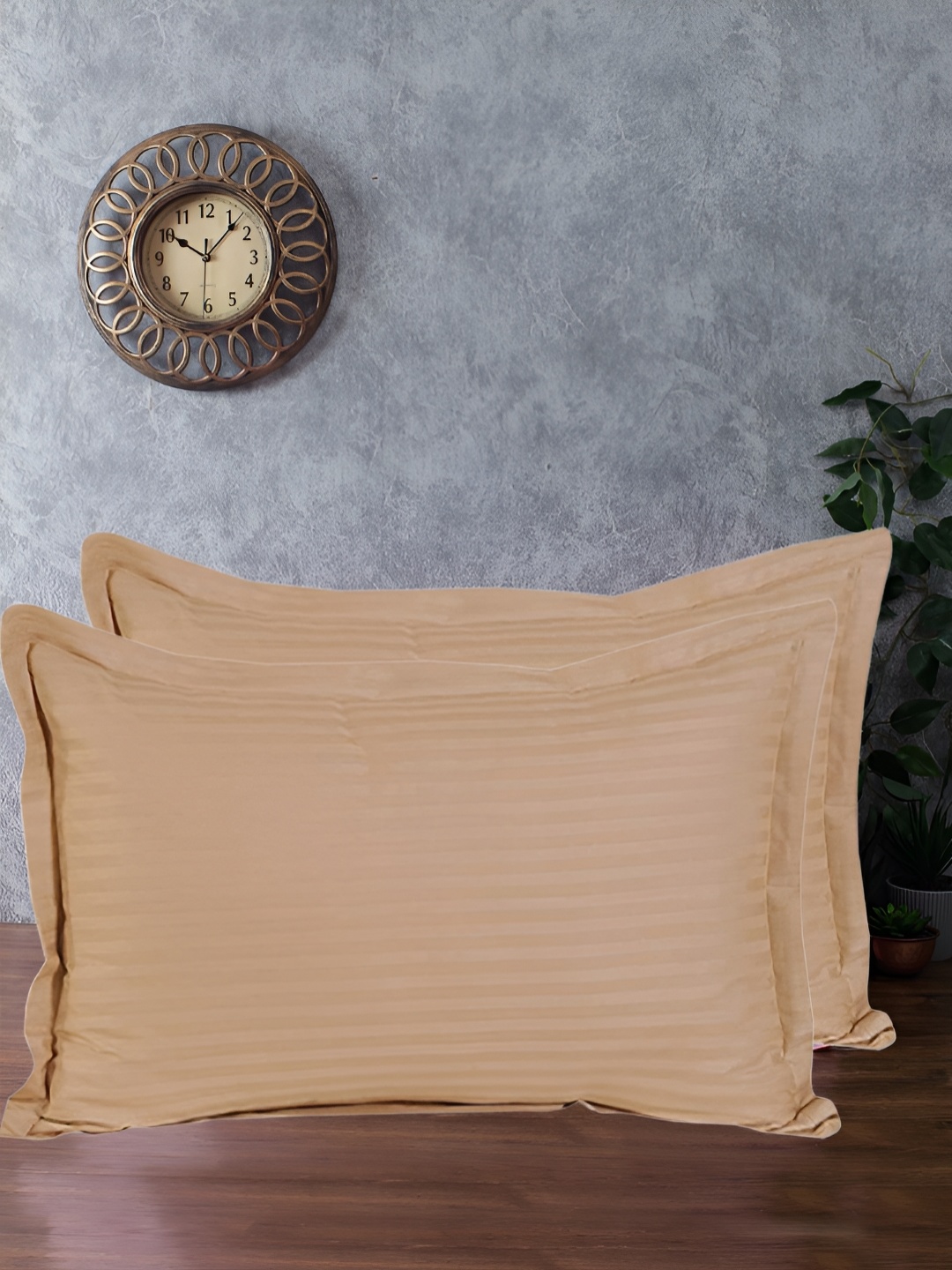 

THE CONVERSION Beige 2 Pieces Self Design Pure Cotton Rectangle Pillow Covers