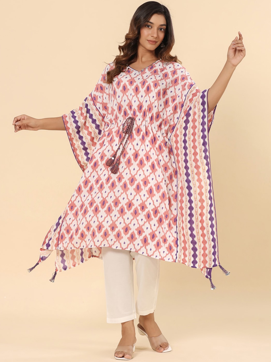 

SAVI Ethnic Motifs Printed V-Neck Flared Sleeves Kaftan Kurta, White