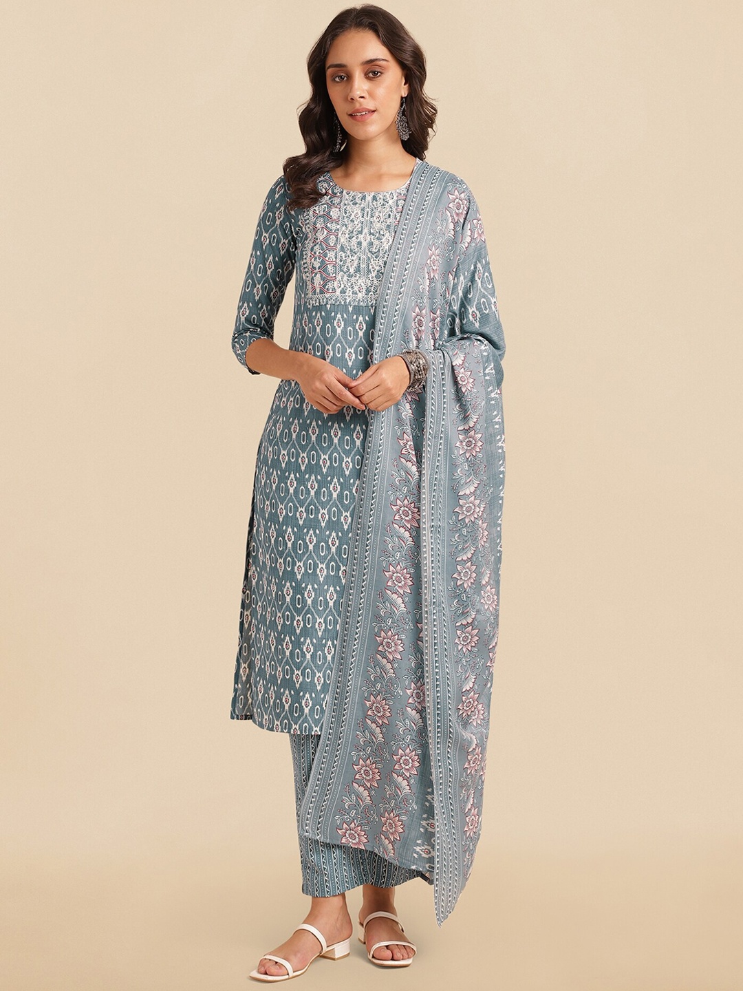 

KALINI Ethnic Motifs Printed Sequinned Pure Cotton Kurta With Trousers & Dupatta, Grey