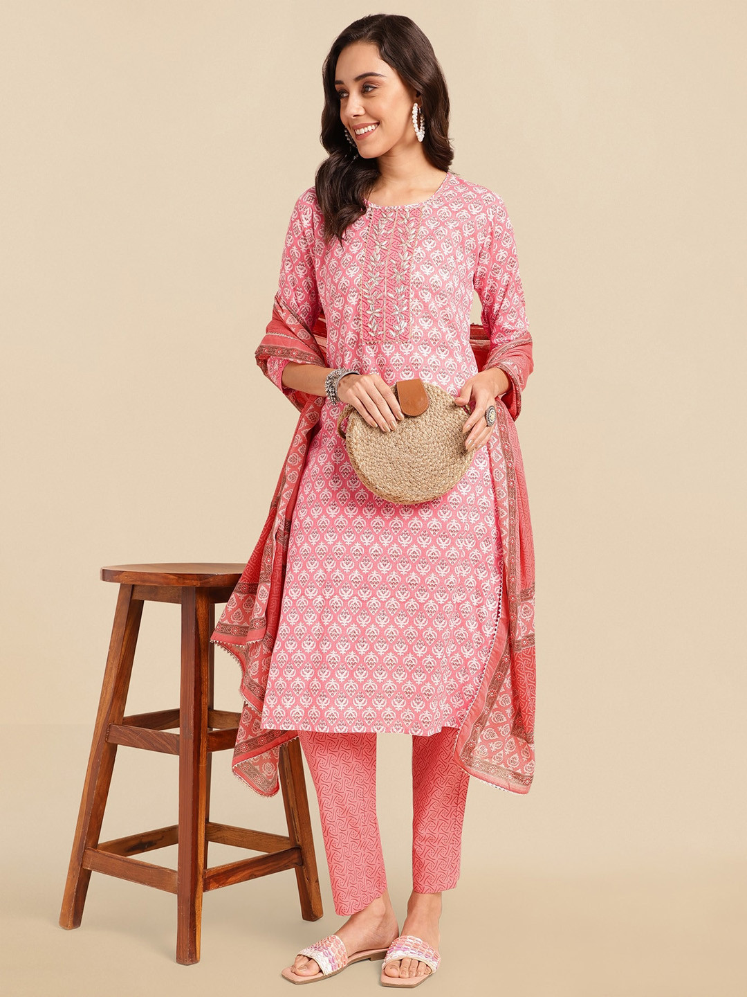 

KALINI Ethnic Motifs Printed Gotta Patti Pure Cotton Kurta With Trousers & Dupatta, Peach