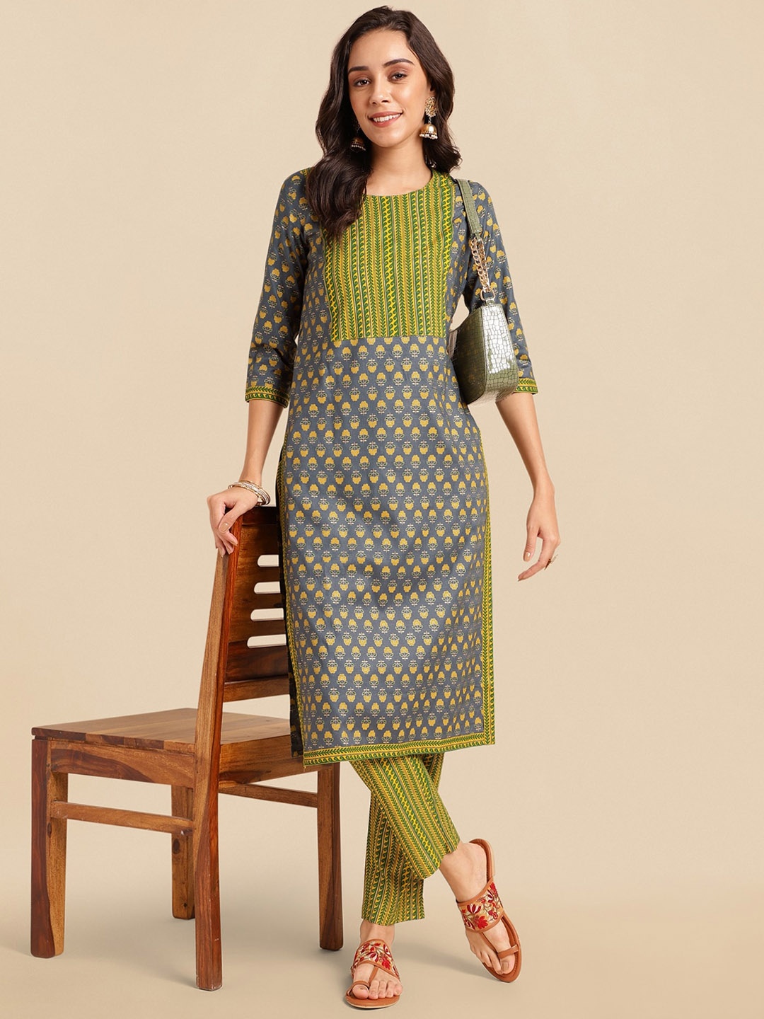 

KALINI Floral Printed Regular Pure Cotton Kurta With Trousers, Mustard
