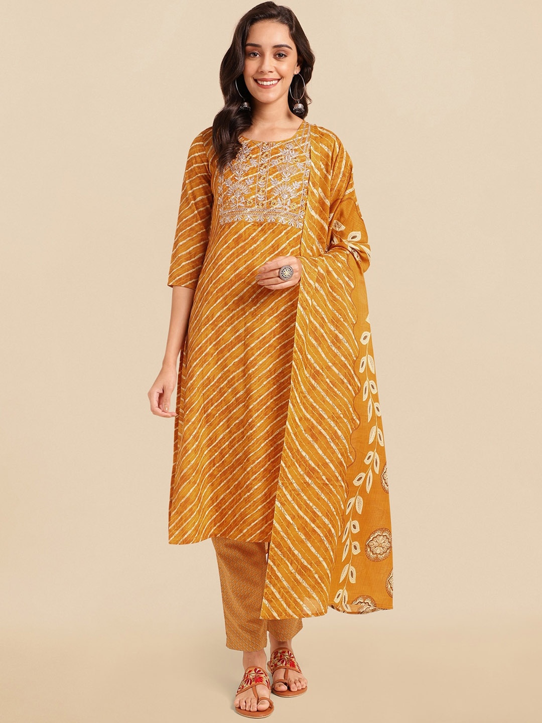 

KALINI Leheriya Striped Sequinned Pure Cotton Kurta With Trousers & Dupatta, Mustard