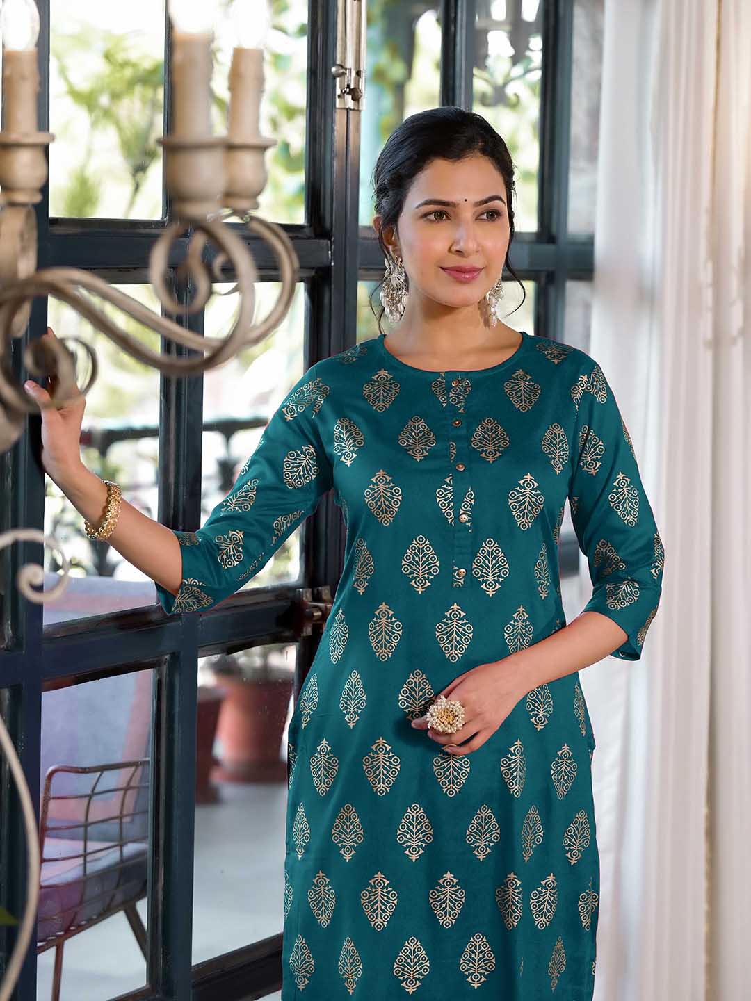 

KALINI Ethnic Motifs Printed Foil Detail Kurta With Dhoti Pants, Teal