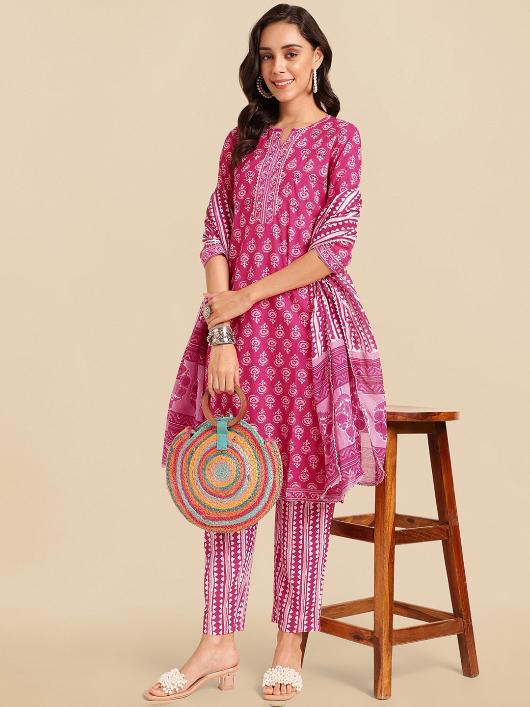

KALINI Ethnic Motifs Printed Gotta Patti Pure Cotton Straight Kurta & Trouser With Dupatta, Pink